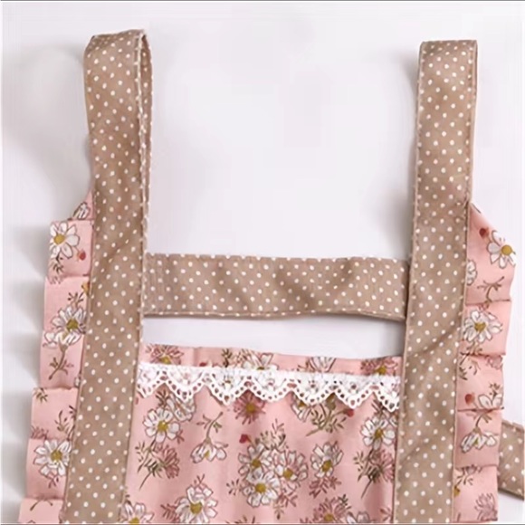 Apron Bib Sweet Vintage Retro Vibe Pockets Waist Tie Floral Polka Dot Pink Tan - Picture 5 of 14